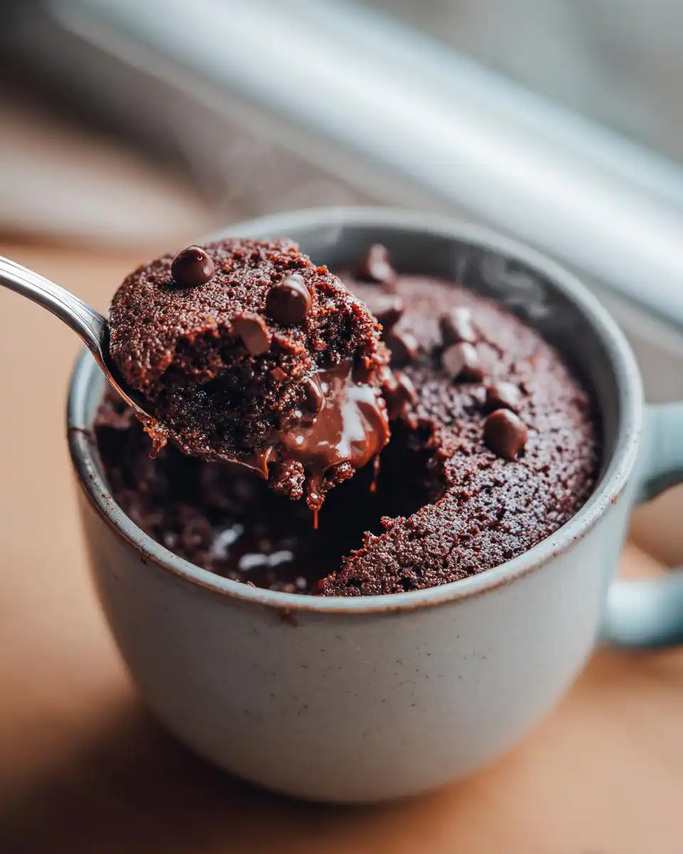 A spoonful of warm Chocolate Mug Cake with melting chocolate chips and steam rising.