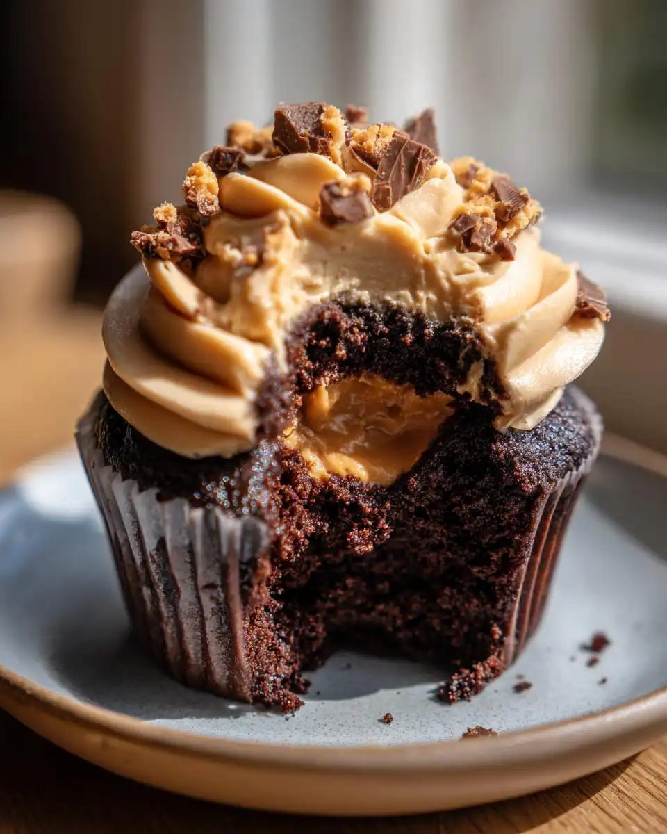 A bite taken out of a rich chocolate peanut butter cupcake, revealing a creamy peanut butter filling and topped with peanut butter frosting and chocolate chunks.