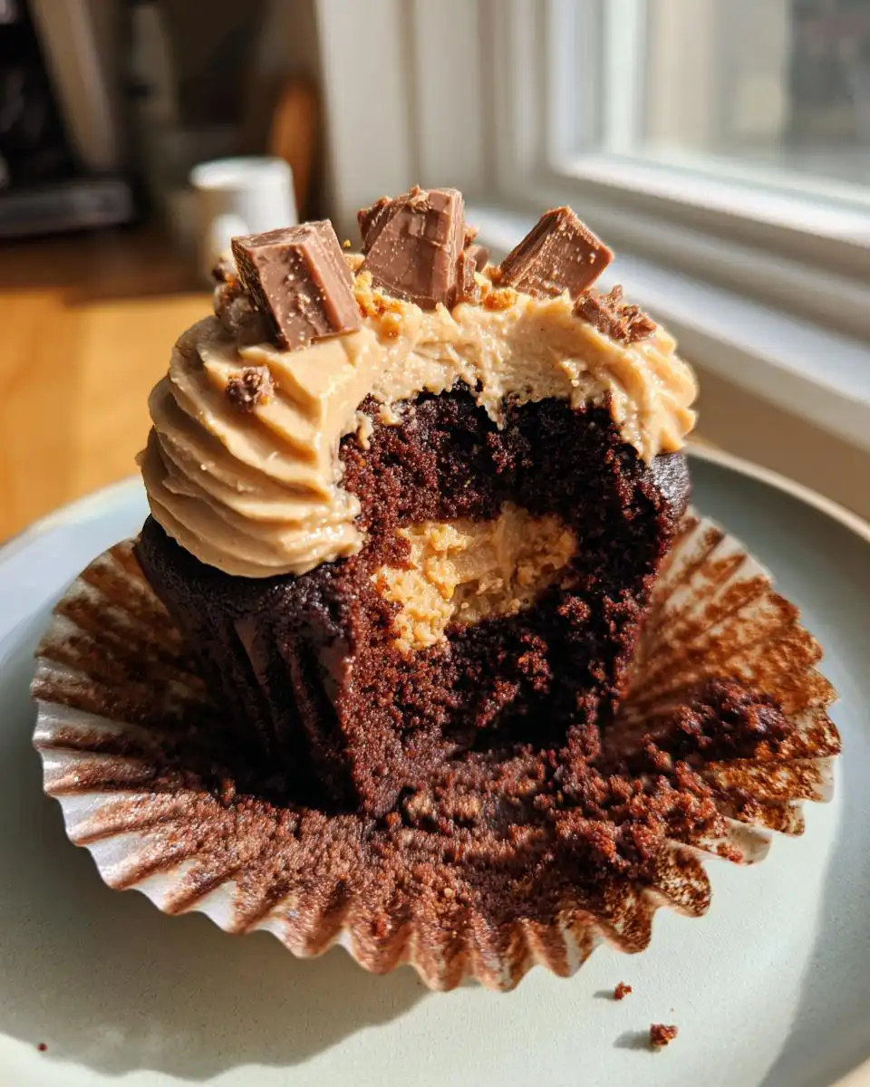 A close-up of a chocolate peanut butter cupcake, cut open to reveal a peanut butter filling and topped with peanut butter frosting and chocolate pieces.