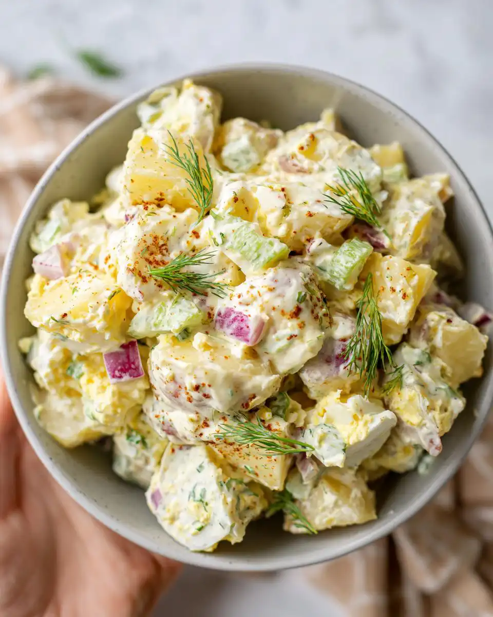 A close-up overhead view of a bowl filled with classic potato salad, featuring chunks of potatoes, red onion, celery, and hard-boiled eggs, garnished with fresh dill.