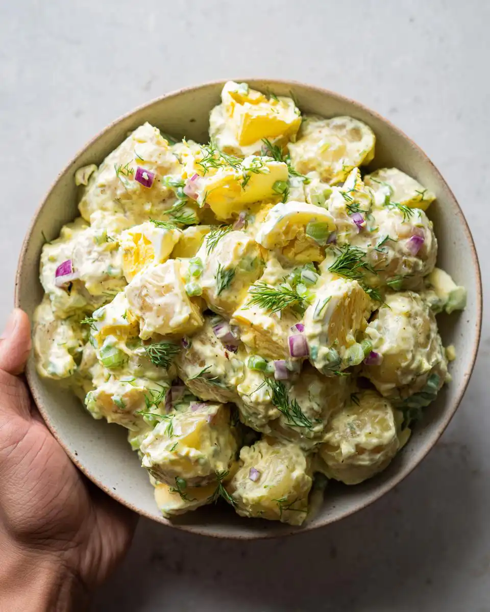 A close-up overhead view of a bowl filled with classic potato salad, featuring tender potatoes, creamy dressing, hard-boiled eggs, red onion, and fresh dill.