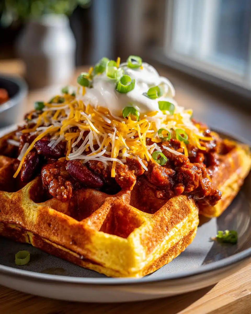 Close-up of cornbread waffles topped with chili, shredded cheese, sour cream, and green onions.
