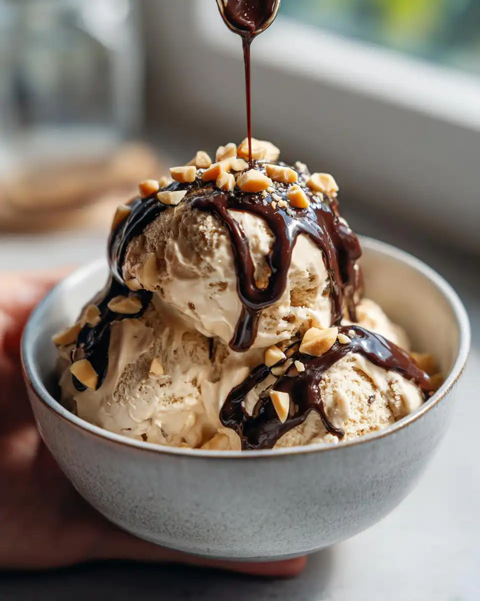 A bowl of cottage cheese peanut butter mousse ice cream topped with chocolate syrup and chopped peanuts.