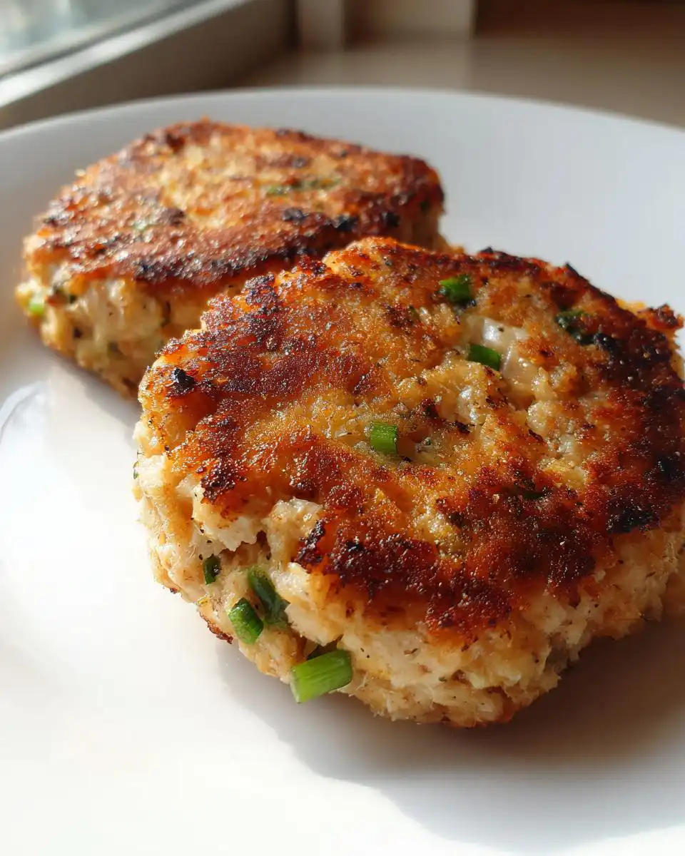 Close-up of two golden-brown Cottage Cheese Tuna Cakes with visible green onions on a white plate.