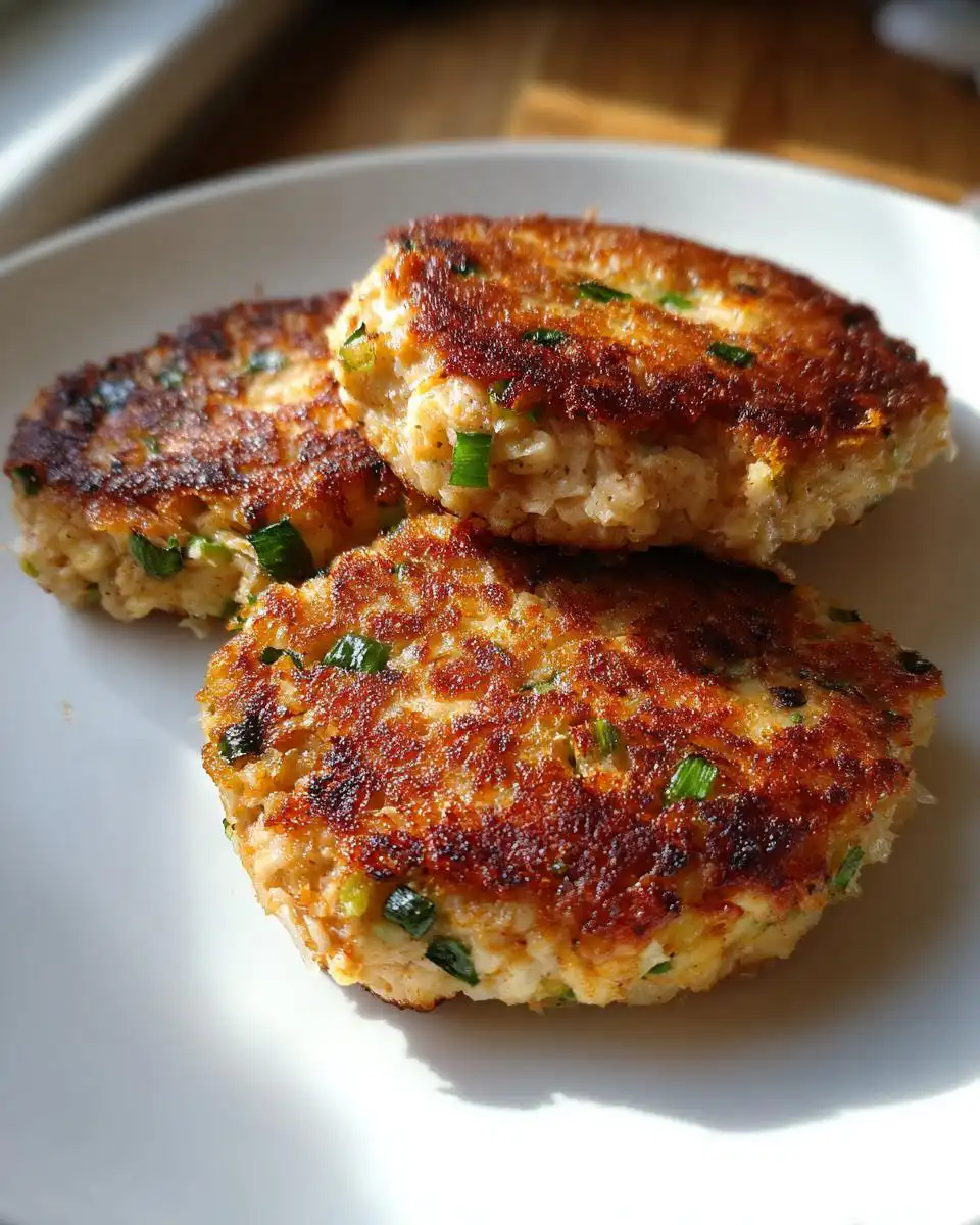 Three golden-brown Cottage Cheese Tuna Cakes stacked on a white plate, sprinkled with chopped green onions.