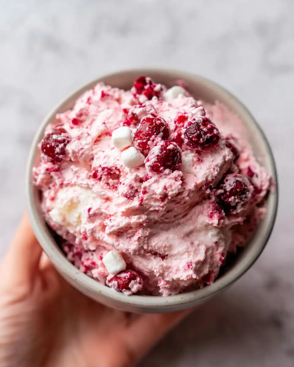 A close-up of a bowl of Cranberry Fluff Salad, topped with whole cranberries and mini marshmallows.