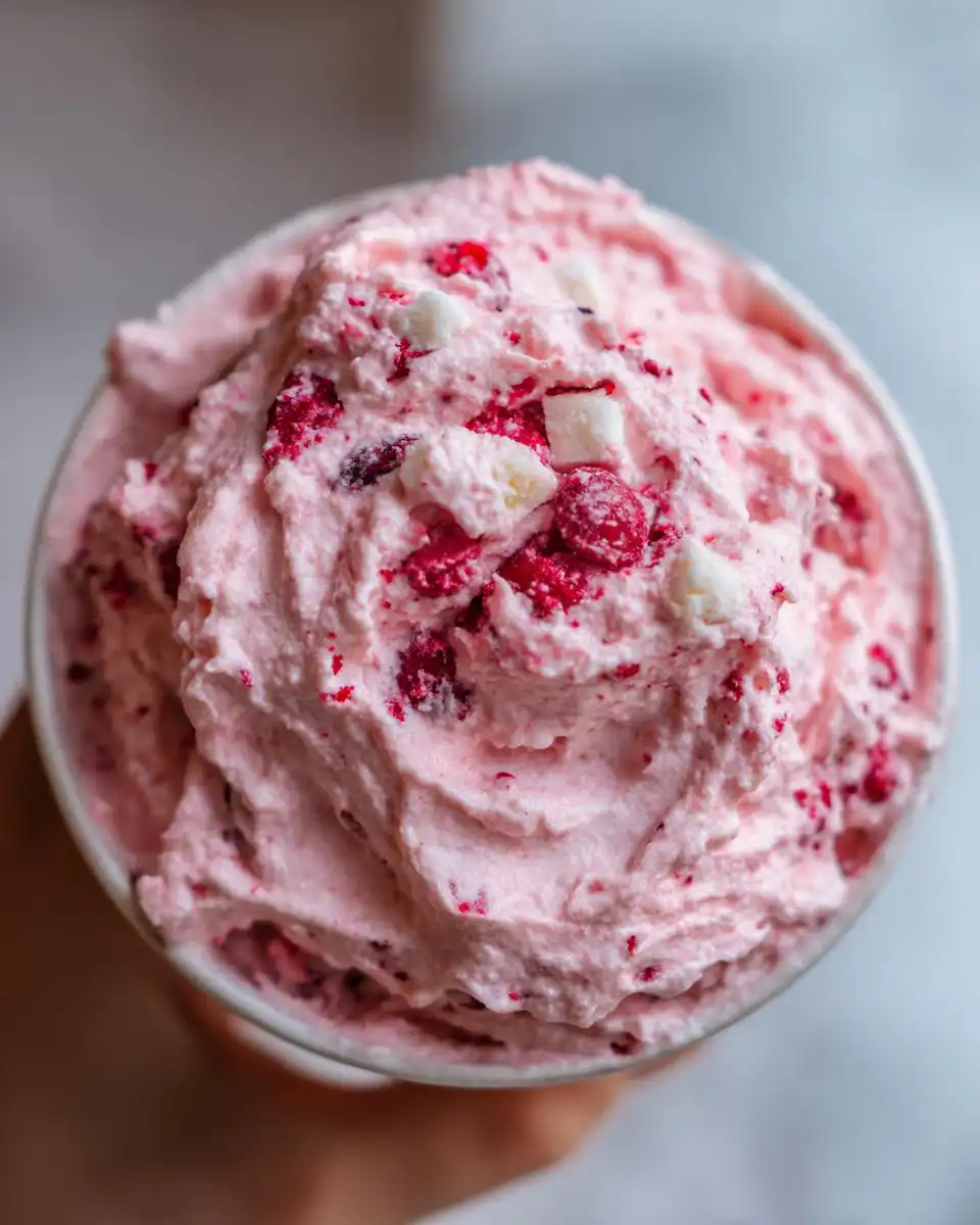 A close-up shot of a bowl filled with pink cranberry fluff salad, studded with cranberries and mini marshmallows.