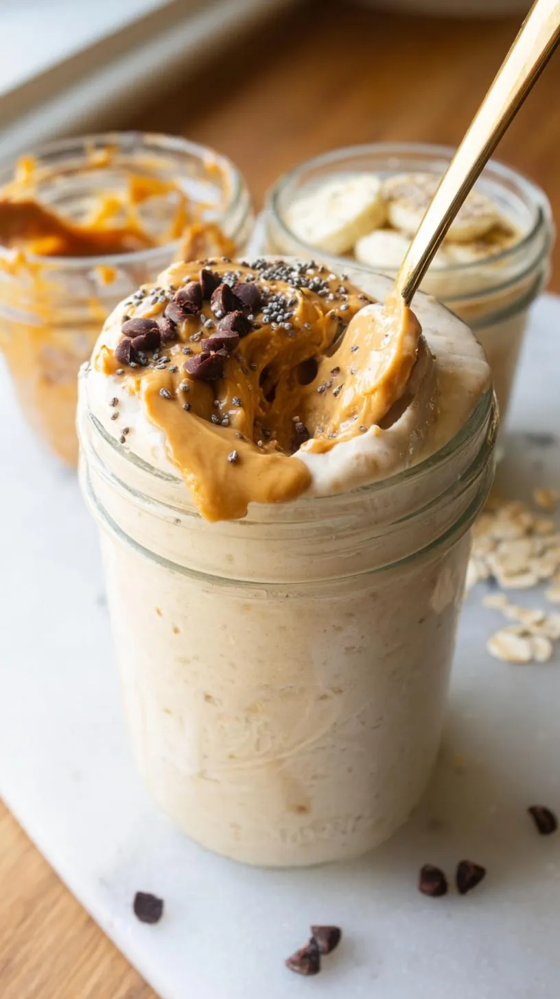 A jar of Creamy Blended Overnight Oats High Protein Easy Breakfast topped with peanut butter, chocolate chips, and chia seeds, with a spoon digging in.