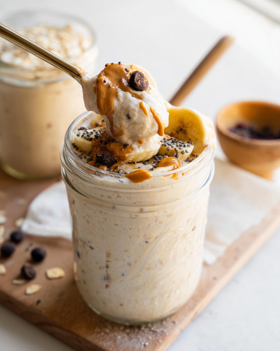 A spoonful of creamy blended overnight oats topped with peanut butter, banana slices, and chocolate chips.