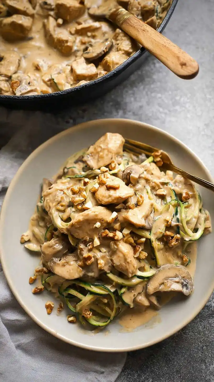 A serving of Creamy Chicken Mushroom Zucchini Casserole topped with chopped walnuts on a plate, with a skillet of the casserole in the background.