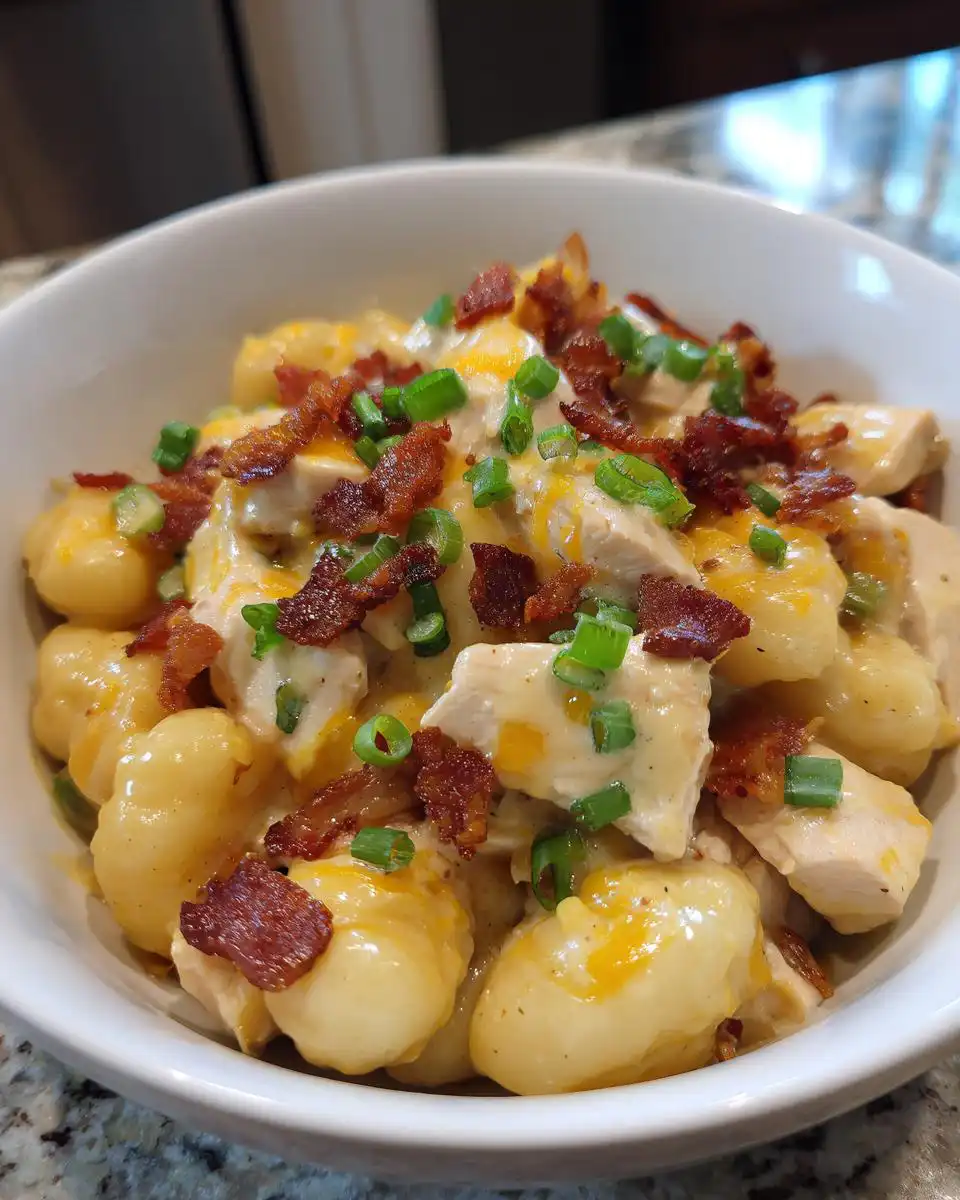 A close-up of a white bowl filled with Creamy Crack Chicken Gnocchi, topped with crispy bacon and green onions.