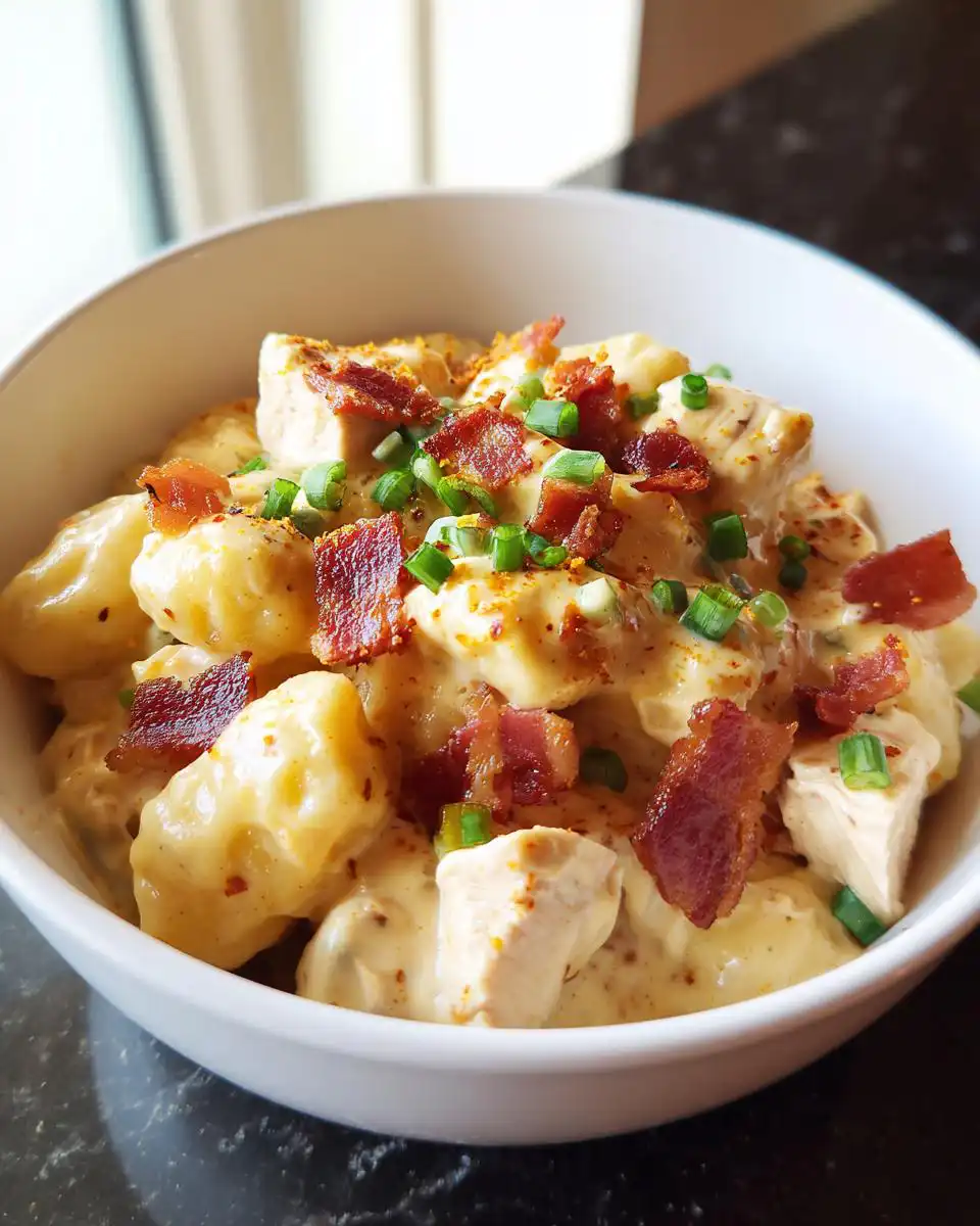 A bowl of Creamy Crack Chicken Gnocchi topped with crispy bacon and green onions.