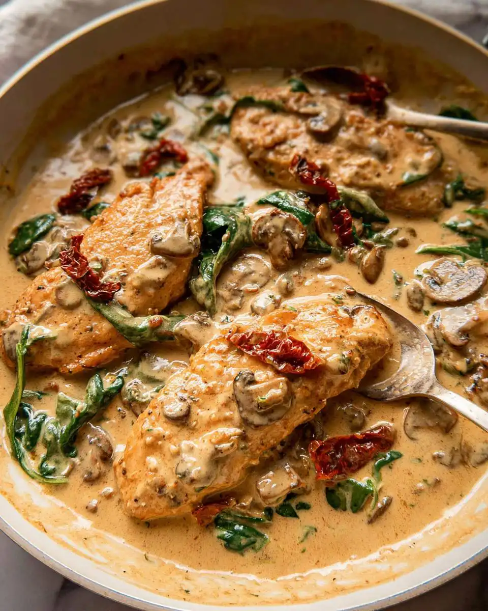 Close-up of Creamy Dairy Free Tuscan Chicken with Spinach and Sun Dried Tomatoes in a skillet, coated in a rich sauce.