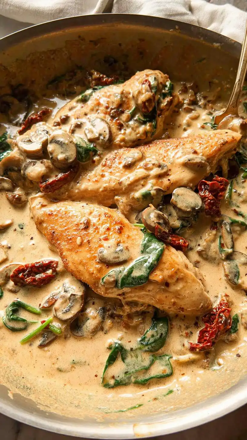 Close-up of Creamy Dairy Free Tuscan Chicken with spinach, mushrooms, and sun-dried tomatoes in a skillet.