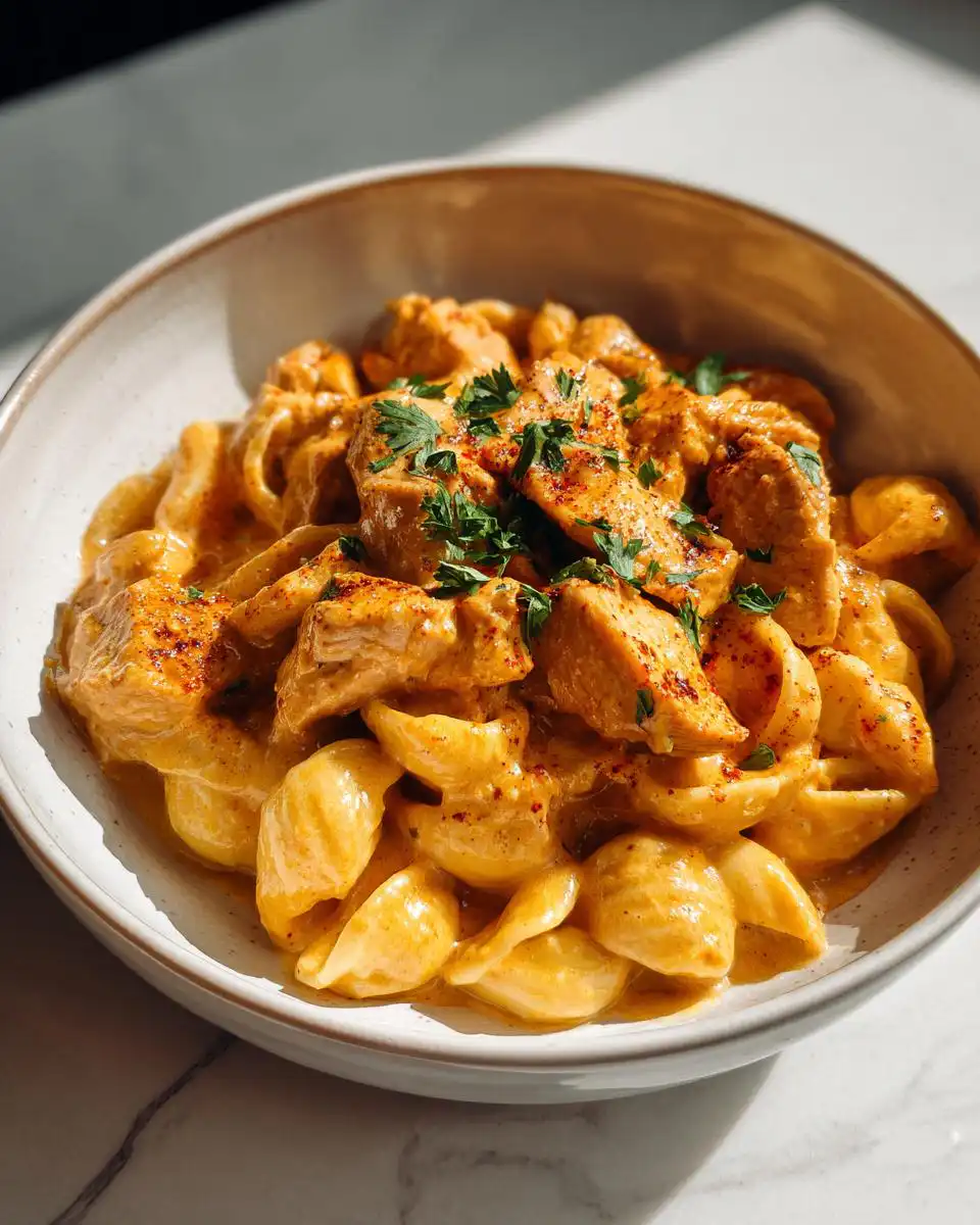 A close-up of a bowl filled with Creamy One-Pot Garlic Butter Chicken Pasta, topped with fresh parsley.