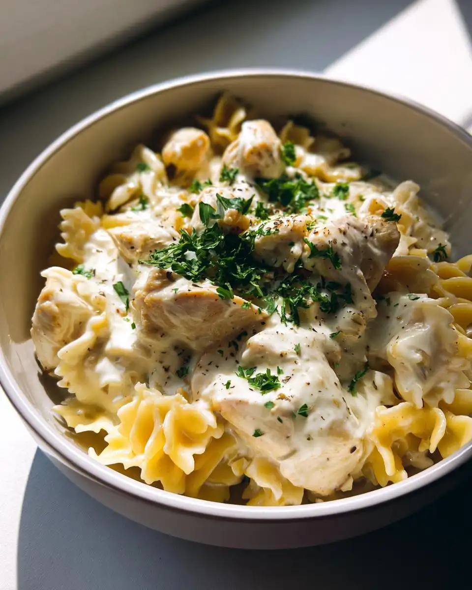 A close-up of a bowl filled with Creamy One-Pot Garlic Butter Chicken Pasta, featuring bow-tie pasta, tender chicken pieces, and a rich garlic butter sauce, garnished with fresh parsley.