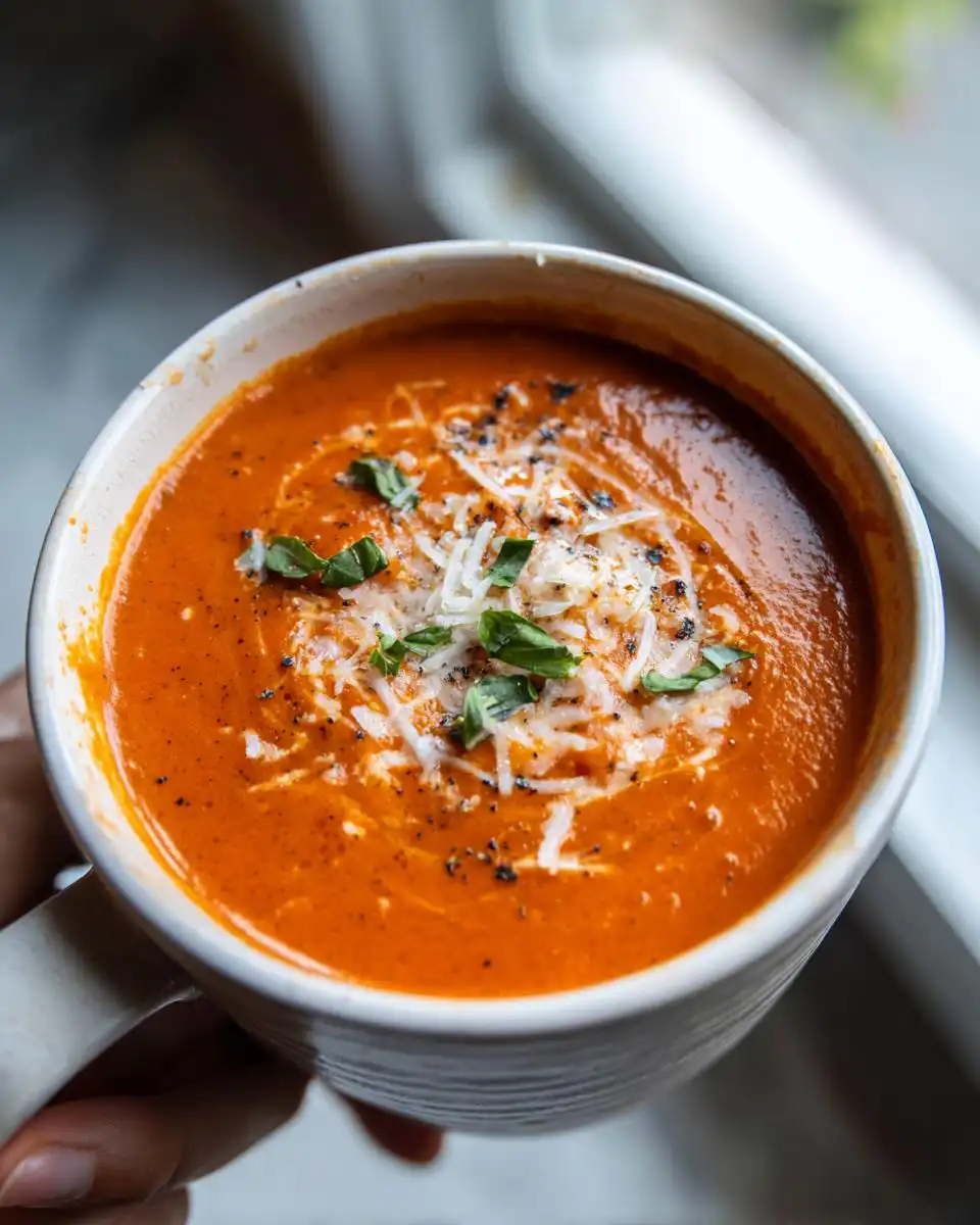 A close-up overhead shot of a mug filled with creamy tomato basil soup, topped with shredded cheese and fresh basil.