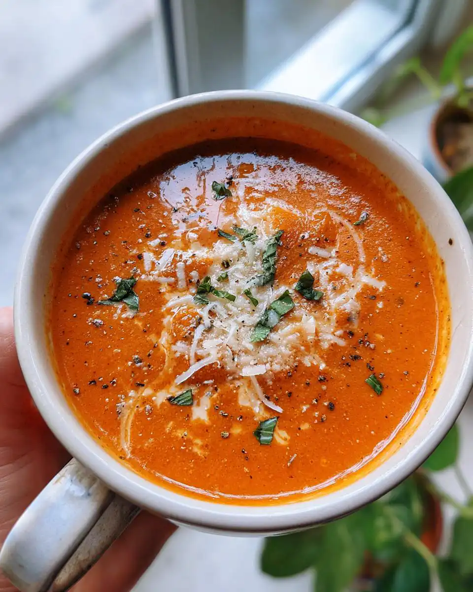 A close-up overhead view of a bowl of creamy tomato basil soup, topped with shredded parmesan cheese and fresh basil leaves.
