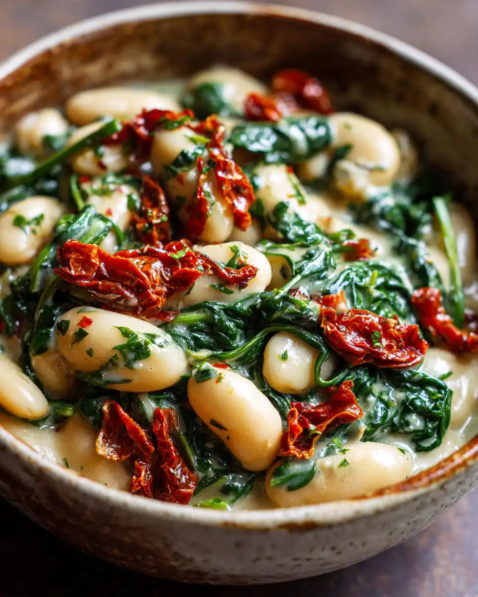 A close-up shot of Creamy Tuscan Marry Me Butter Beans in a bowl, featuring white beans, spinach, and sun-dried tomatoes in a rich sauce.