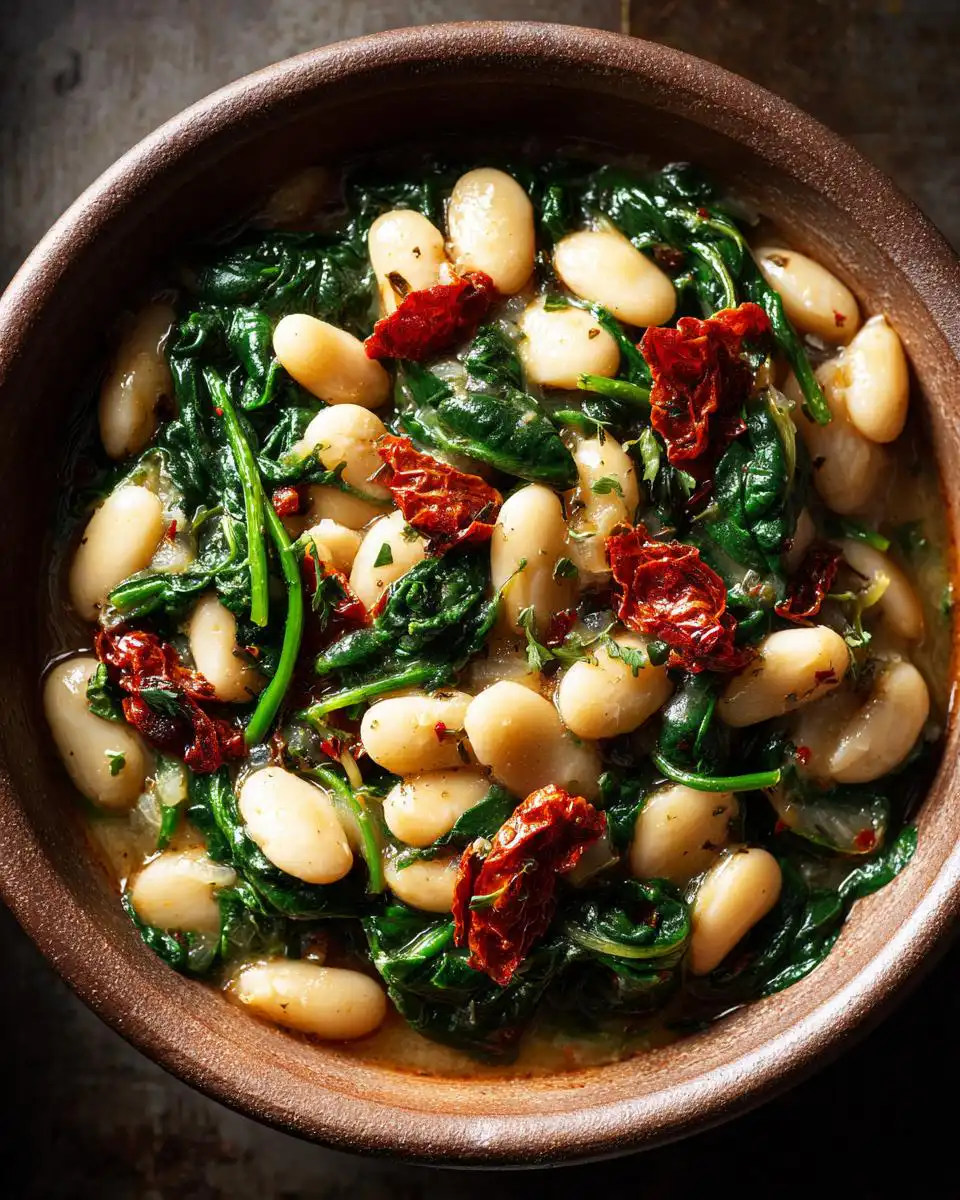 Close-up of Creamy Tuscan Marry Me Butter Beans with spinach and sun-dried tomatoes in a rustic bowl.