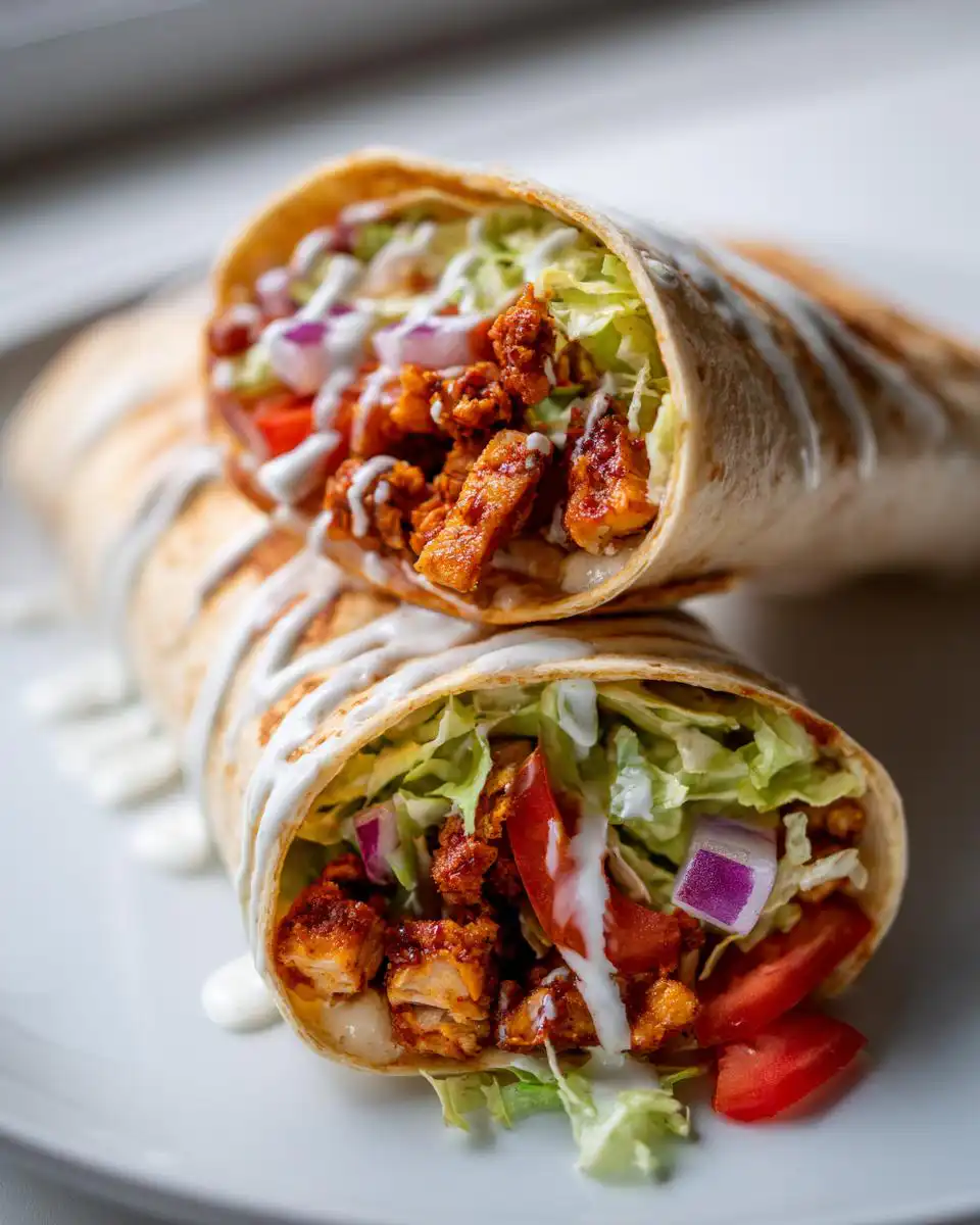 Close-up of a Crispy Air Fryer Honey BBQ Chicken Wrap filled with chicken, lettuce, tomato, and onion, drizzled with sauce.