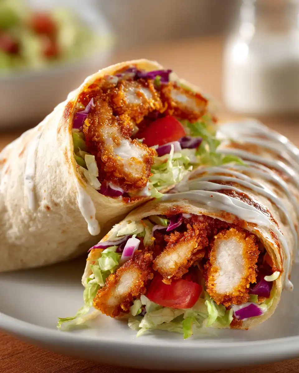 A close-up of a Crispy Air Fryer Honey BBQ Chicken Wrap cut in half, showing tender chicken, fresh lettuce, tomato, and red onion with a drizzle of sauce.