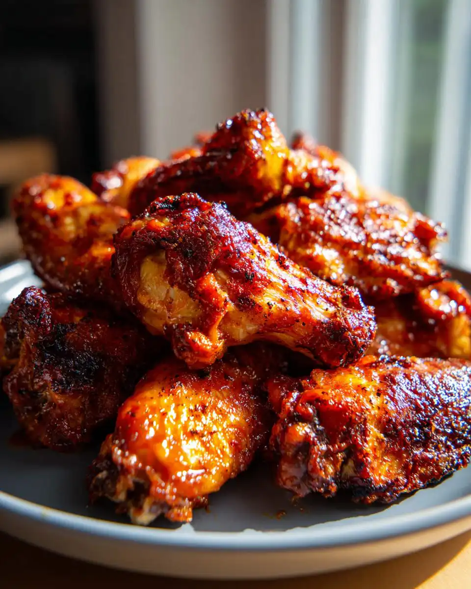 A close-up shot of a pile of delicious crispy baked chicken wings on a plate, glistening with sauce.