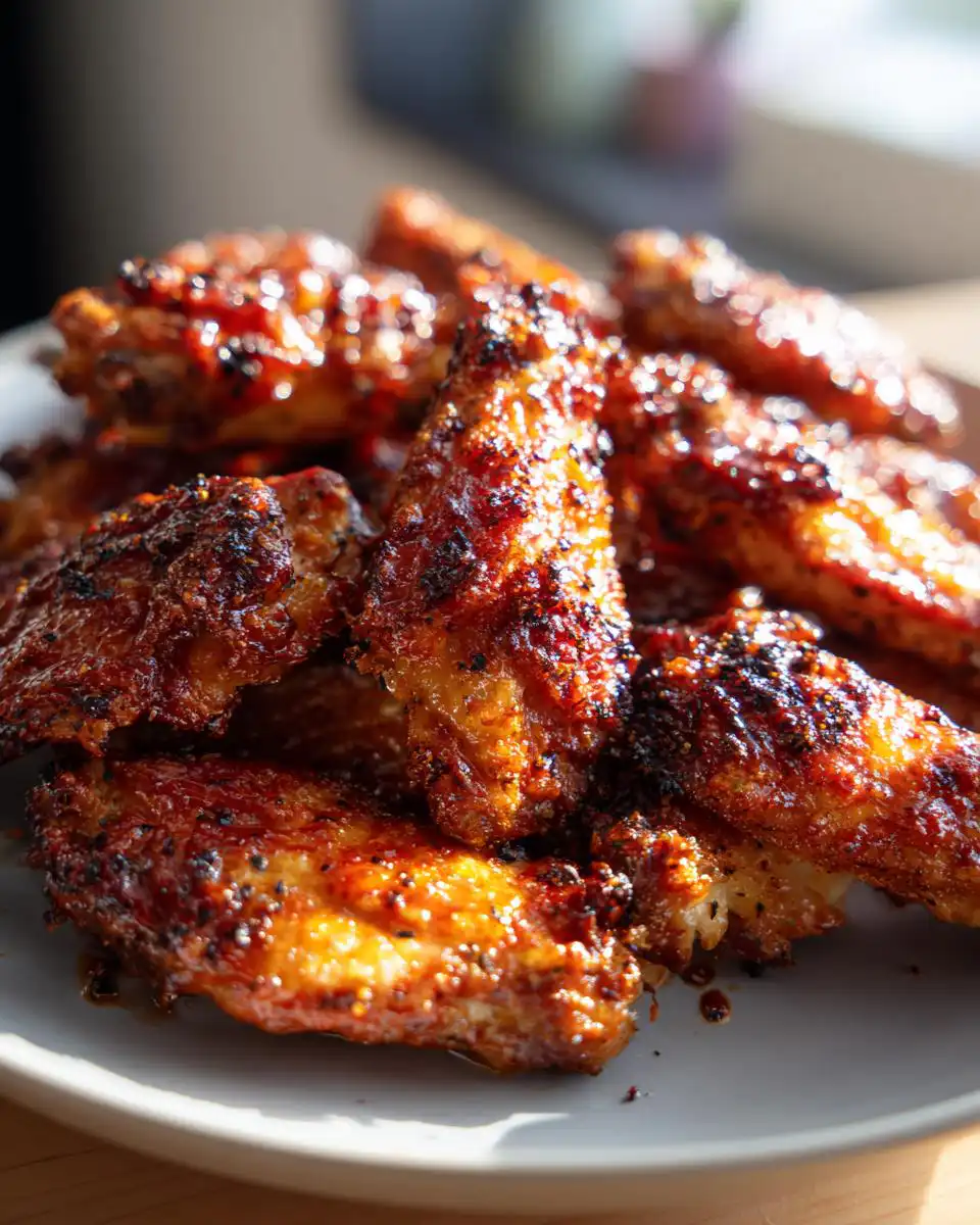 A close-up shot of a pile of delicious crispy baked chicken wings on a plate, glistening with sauce.
