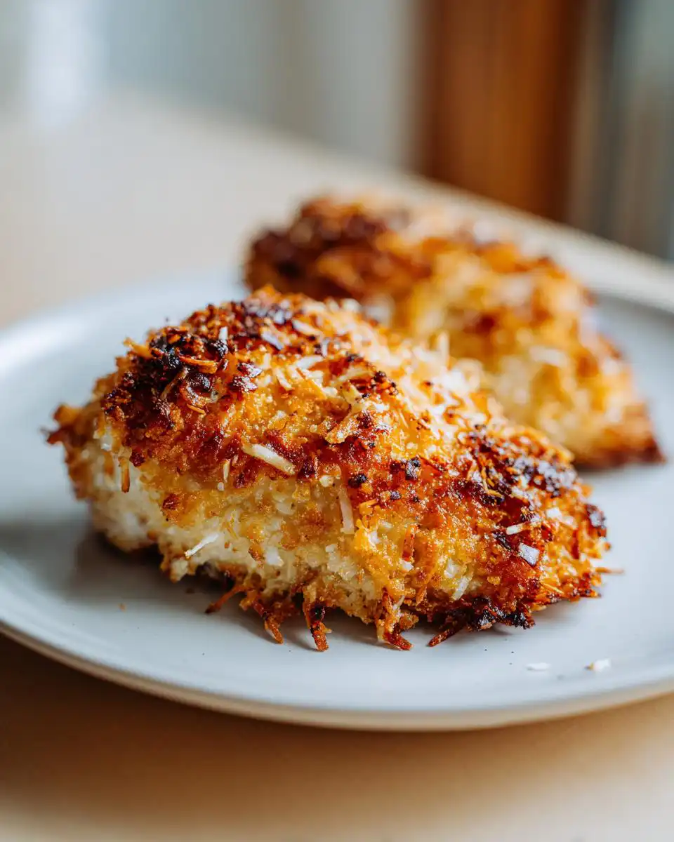 Close-up of two pieces of Crispy Baked Parmesan Crusted Chicken on a plate, showing the golden-brown, crusted exterior.