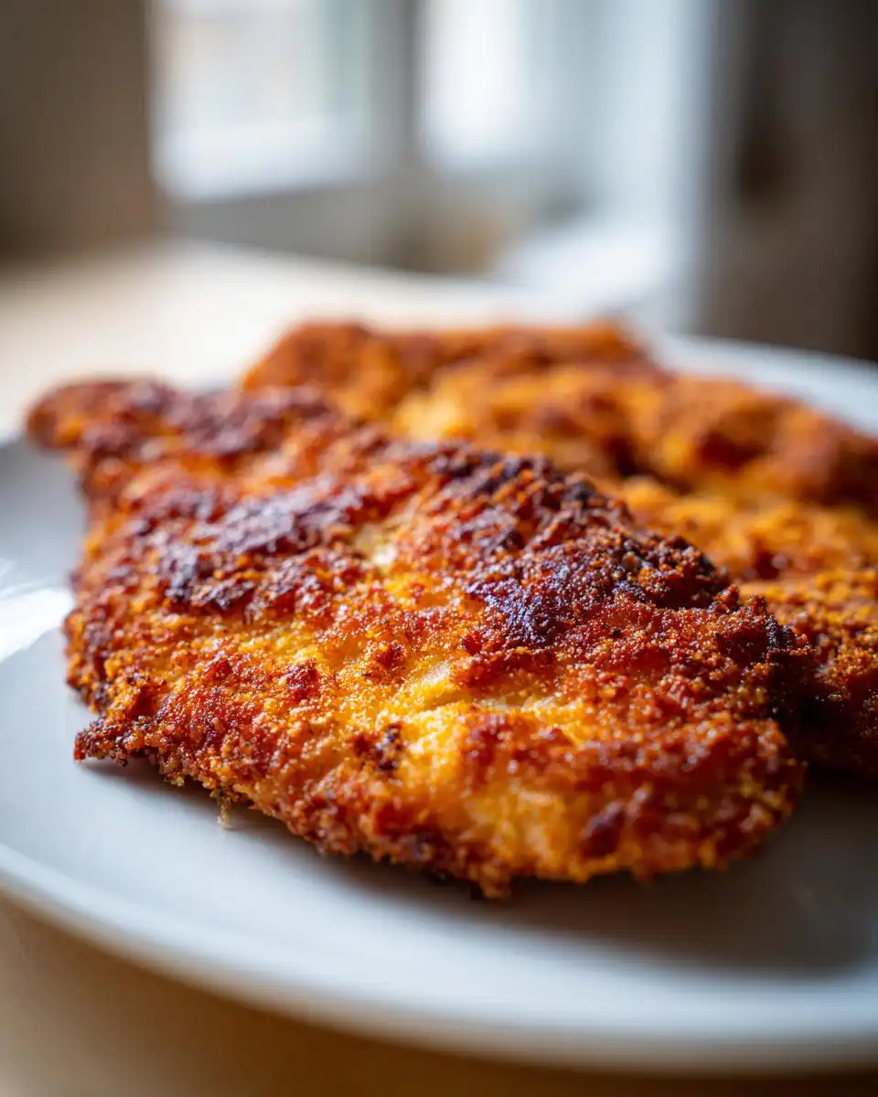 Close-up of golden brown, crispy baked Parmesan crusted chicken fillets on a white plate.