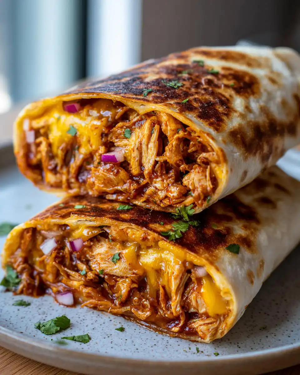 Close-up of two halves of a Crispy BBQ Chicken Wrap, revealing shredded chicken, melted cheese, and red onion.