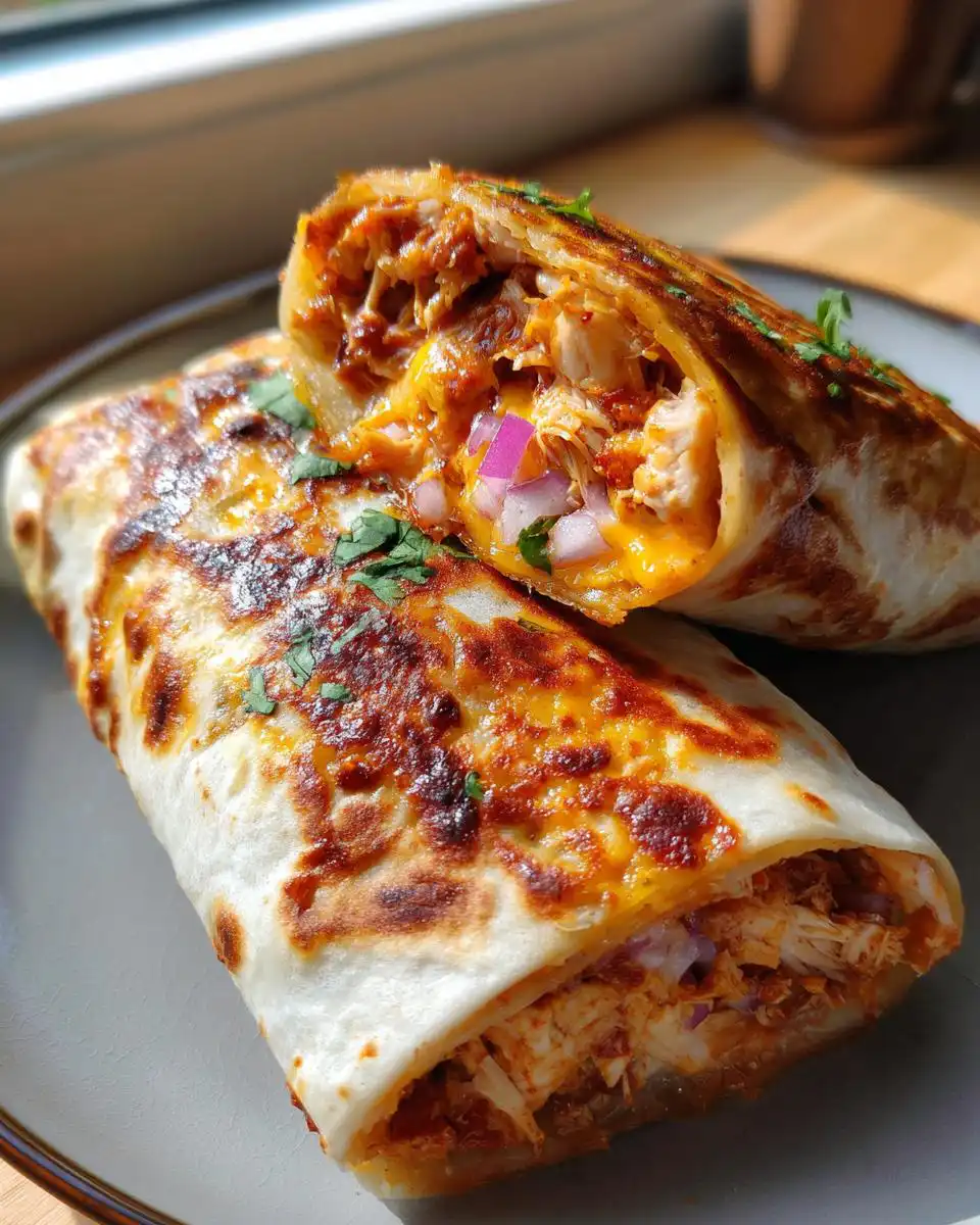 Close-up of a halved Crispy BBQ Chicken Wrap, showing shredded chicken, melted cheese, and red onion inside.