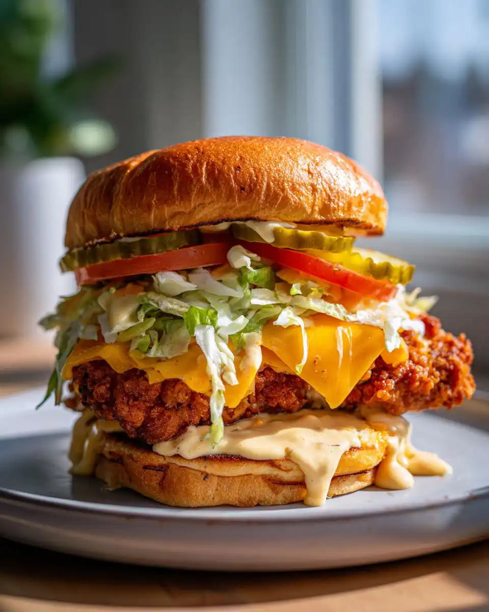 A mouthwatering crispy chicken sandwich piled high with lettuce, tomato, pickles, and melted cheddar cheese.