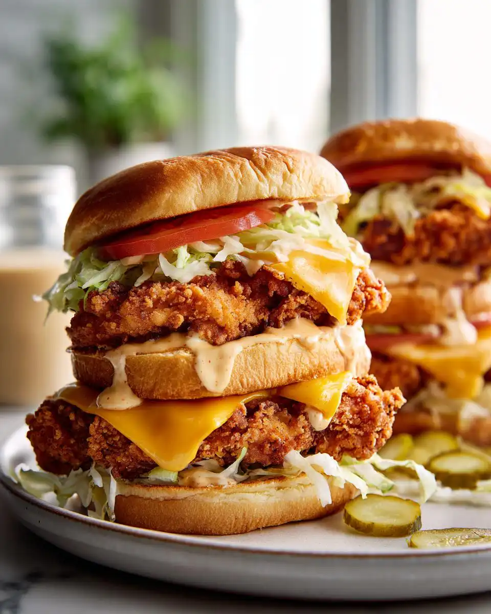 Close-up of a towering crispy chicken sandwich stacked with two fried chicken patties, melted cheese, lettuce, tomato, and sauce.