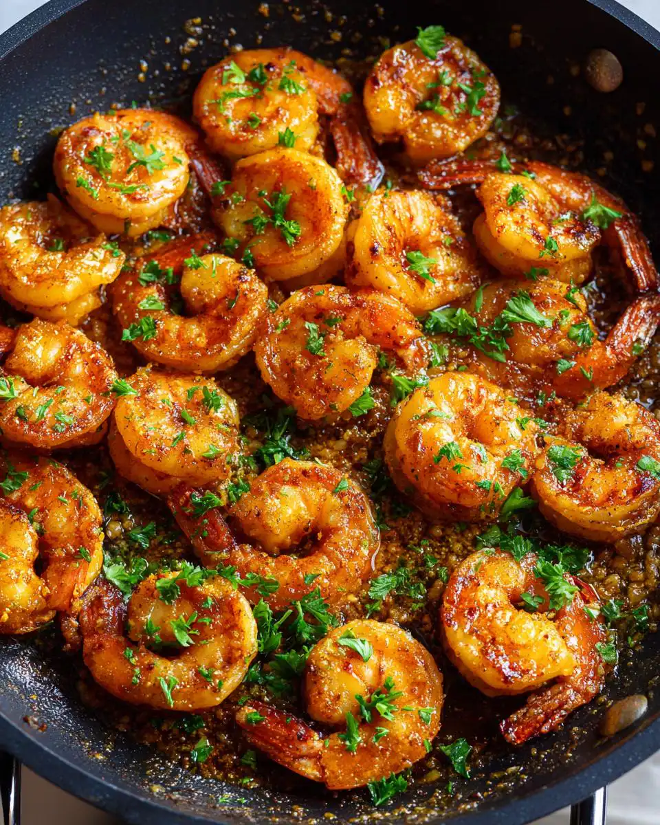 Close-up of Crispy Golden Garlic Butter Shrimp Skillet, garnished with fresh parsley.