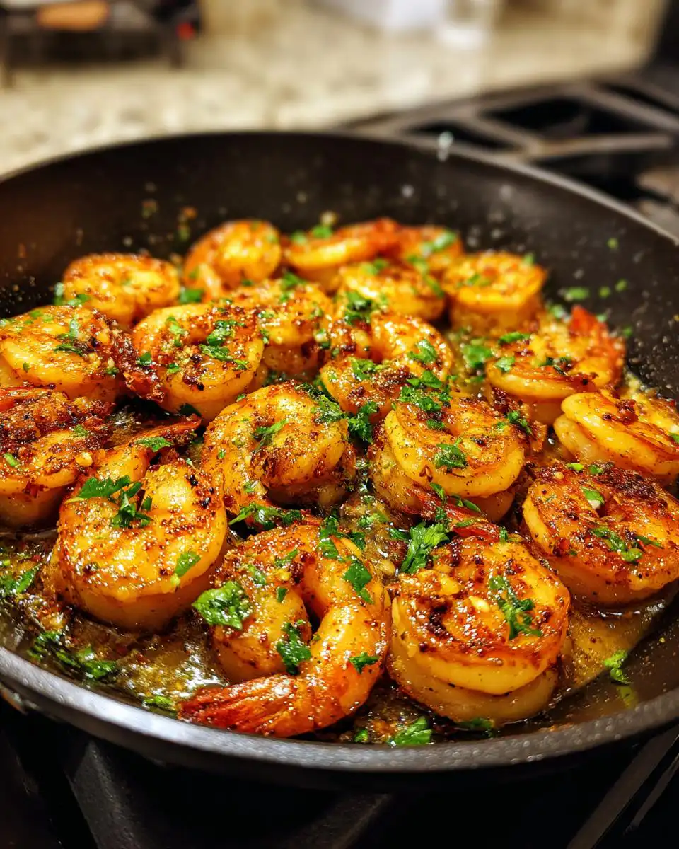 Close-up of crispy golden garlic butter shrimp skillet, garnished with fresh parsley.