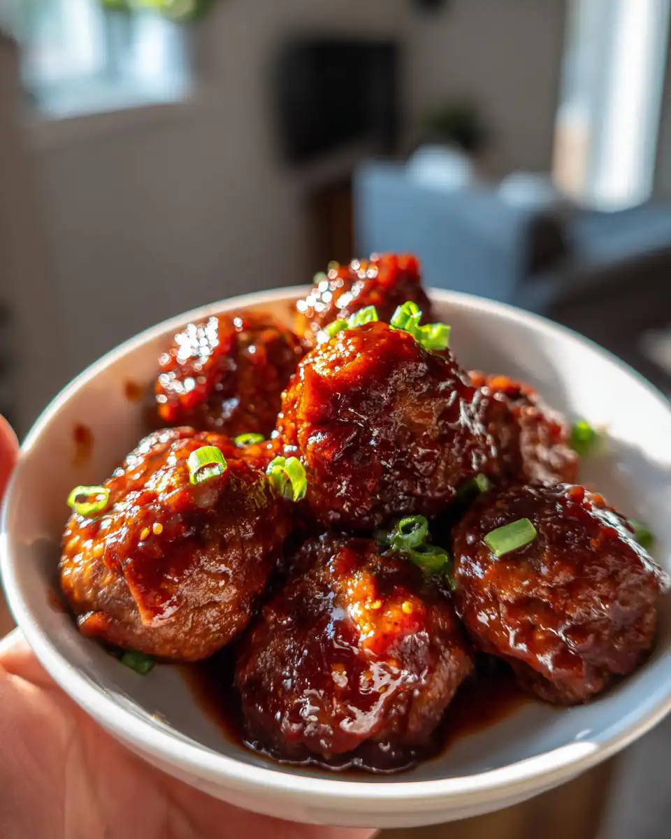 Close-up of a white bowl filled with glossy crockpot BBQ meatballs, garnished with chopped green onions.