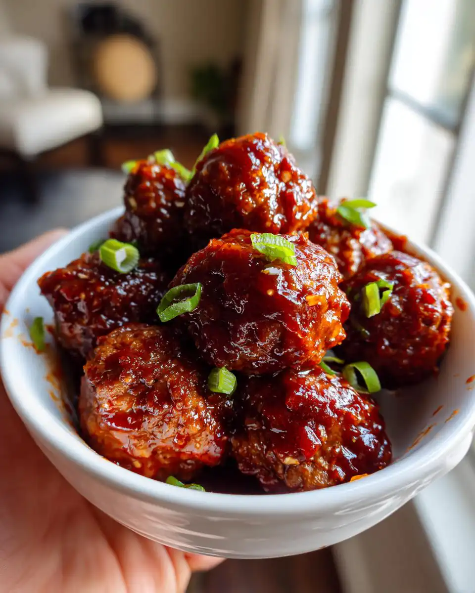 A bowl of glistening crockpot BBQ meatballs topped with chopped green onions.