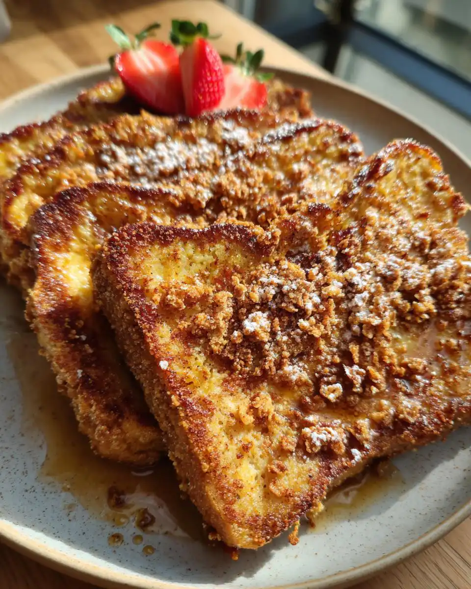 Close-up of golden brown Crunchy French Toast topped with streusel, powdered sugar, and fresh strawberries.