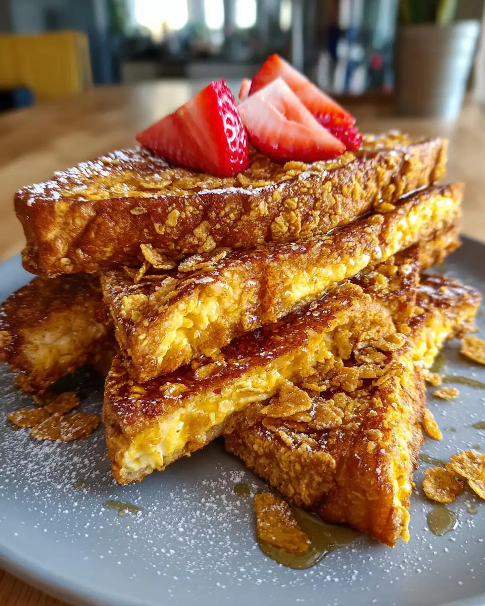 A stack of golden brown Crunchy French Toast coated in cereal, topped with fresh strawberries and dusted with powdered sugar.