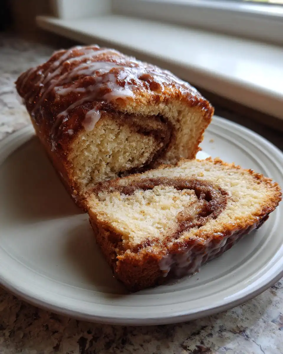 A close-up of a sliced Dollywood Cinnamon Bread loaf, drizzled with sweet glaze and swirled with cinnamon.