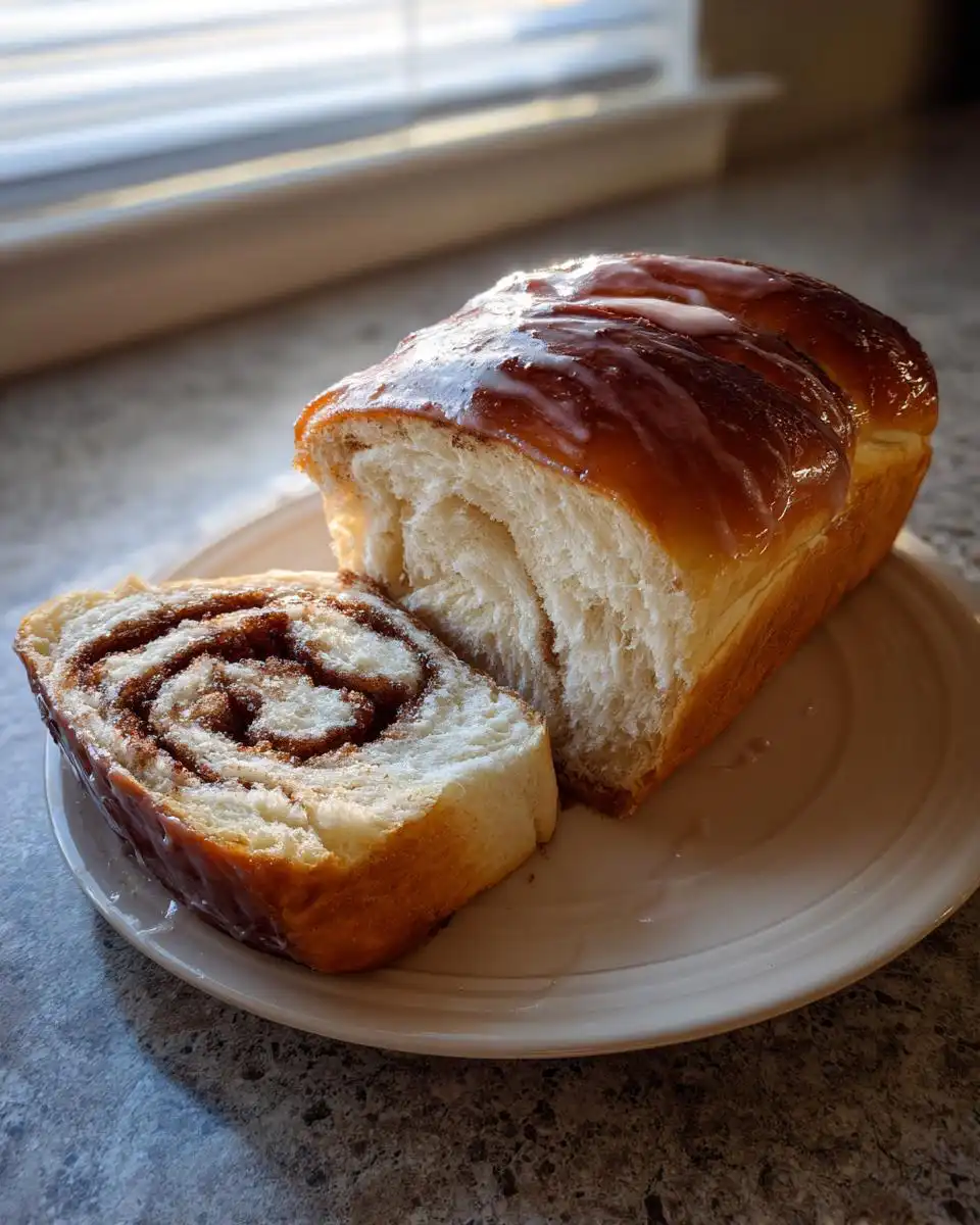 A slice of soft Dollywood Cinnamon Bread with a swirl of cinnamon sugar and a sweet glaze.