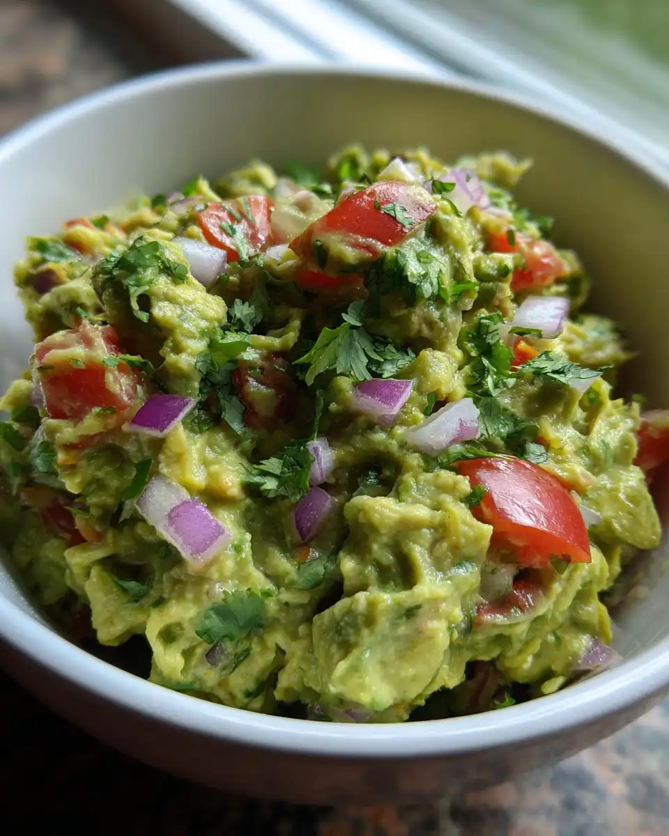 A close-up of fresh Easy 5-Minute Guacamole in a white bowl, topped with chopped tomatoes, red onion, and cilantro.