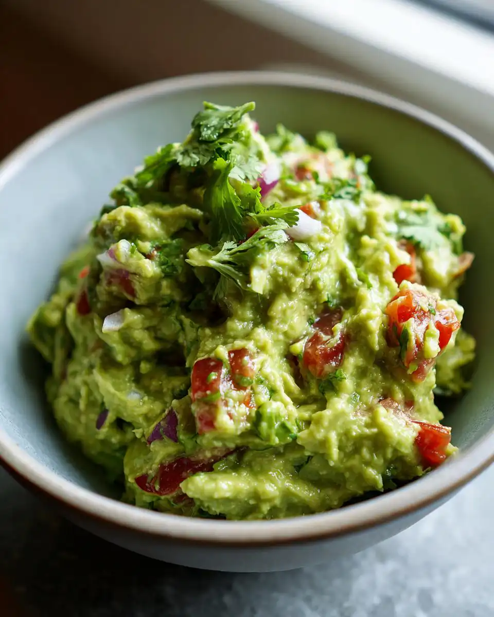 Close-up of a bowl of fresh Easy 5-Minute Guacamole with cilantro, red onion, and tomatoes.