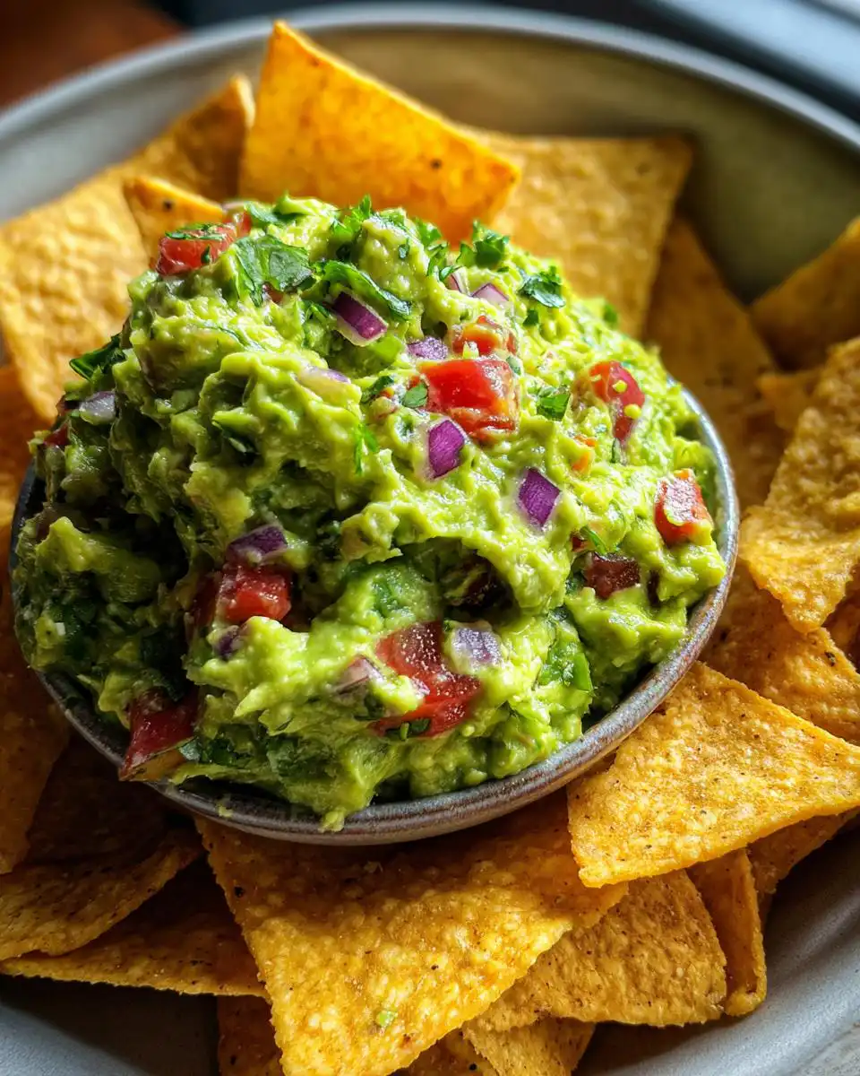 A bowl of fresh Easy Appetizer Guacamole with Tortilla Chips, garnished with cilantro, red onion, and tomato.