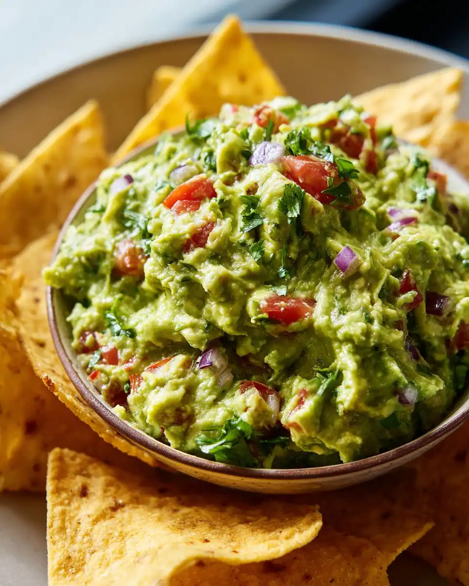 Close-up of a bowl of fresh Easy Appetizer Guacamole with Tortilla Chips, garnished with cilantro, tomatoes, and red onion.