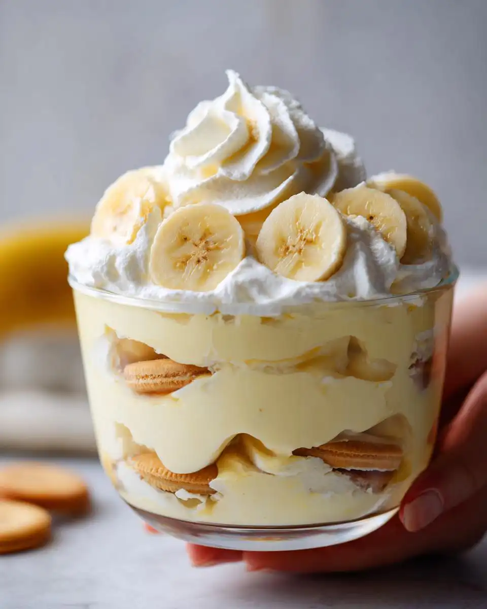 A close-up of a layered banana pudding dessert in a glass, topped with whipped cream and banana slices.