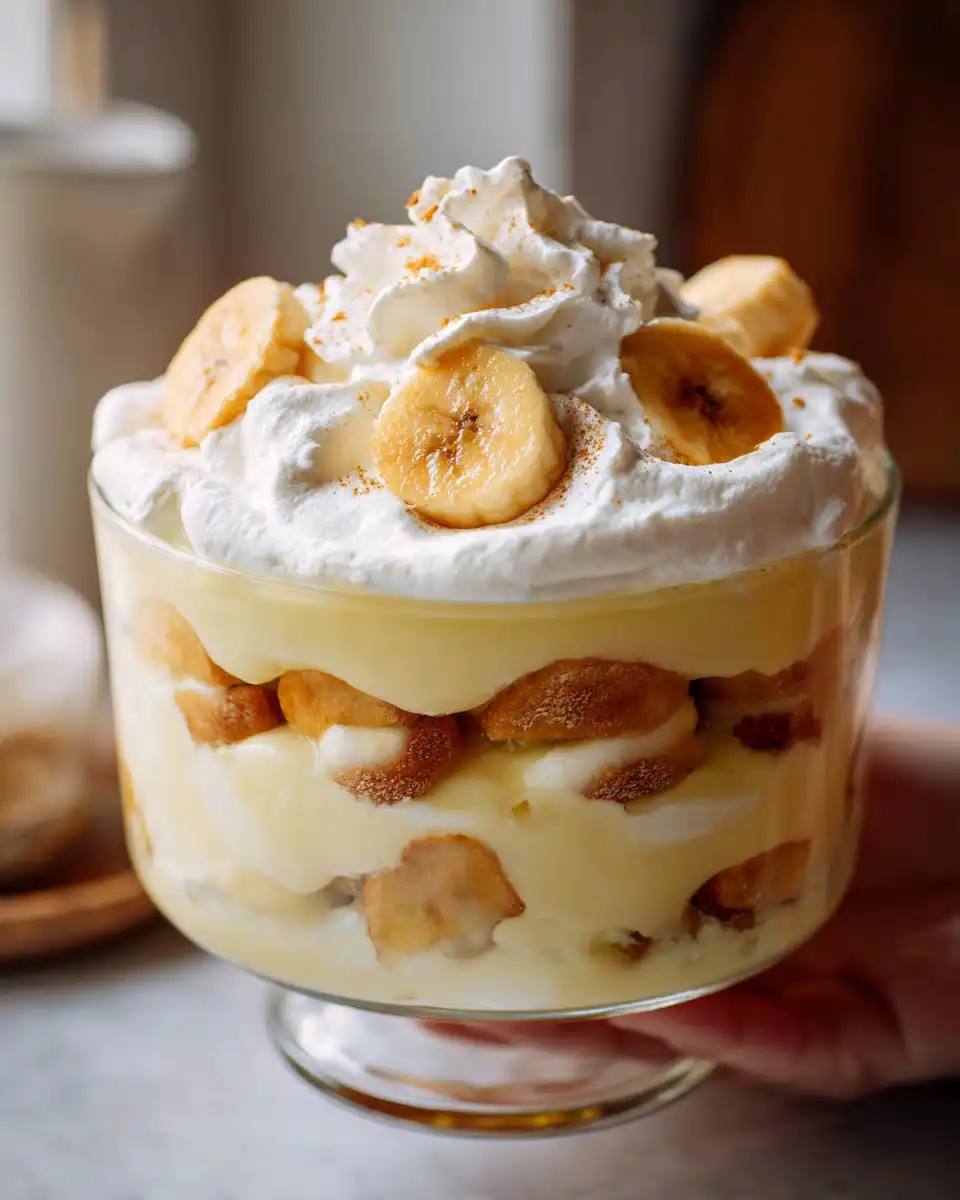 A close-up of a delicious banana pudding in a trifle dish, layered with vanilla pudding, nilla wafers, and fresh banana slices, topped with whipped cream.