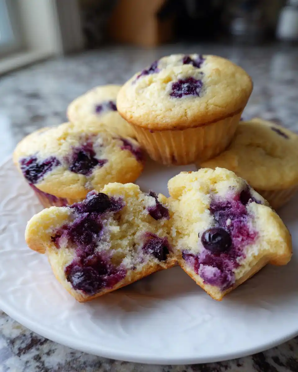 Close-up of easy blueberry muffins with frozen blueberries, one muffin broken in half to show the moist interior.