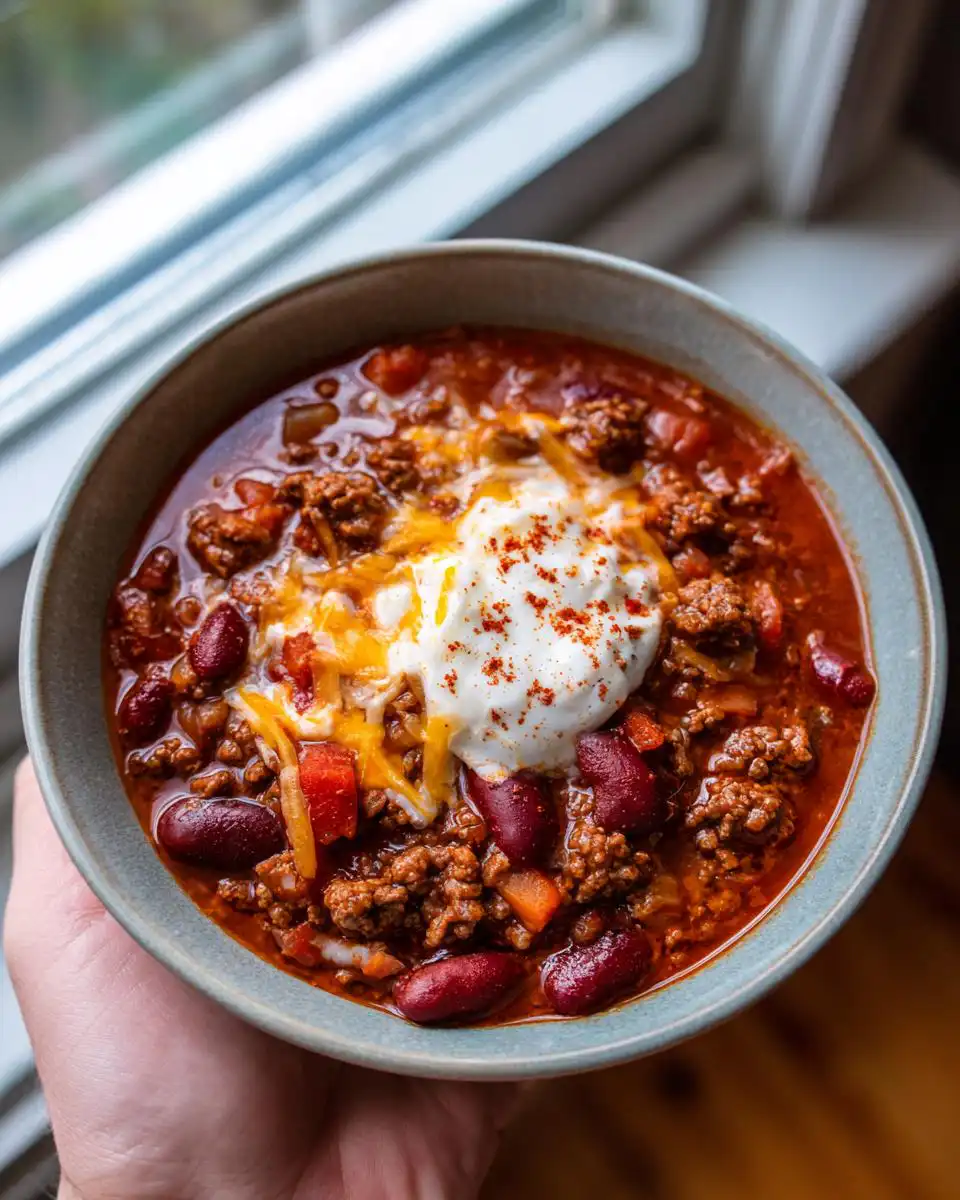 A close-up shot of a bowl of hearty easy homemade chili, topped with sour cream, shredded cheese, and paprika.
